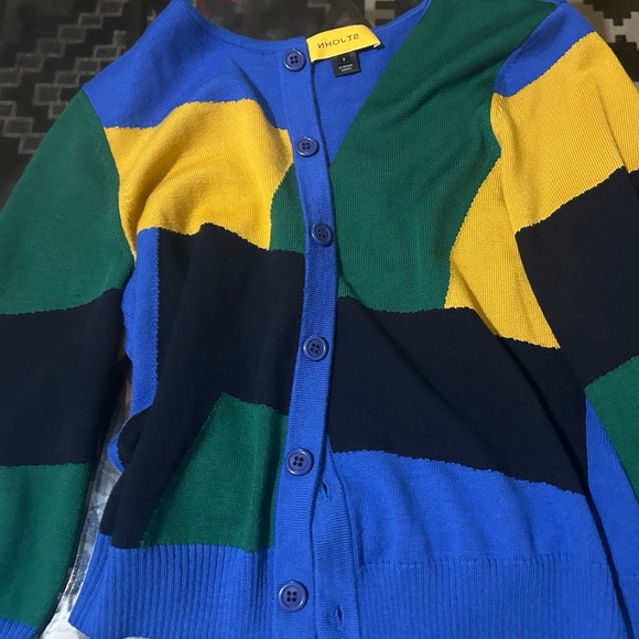 ST JOHN Colorblock Pattern Scoop Neck 100% Wool Long Sleeve Sweater - Picture 2 of 6